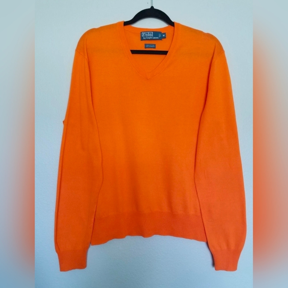 Polo Ralph Lauren Sweater Men's V-Neck Thin 85% Cotton/15% Cashmere, Orange Sz M